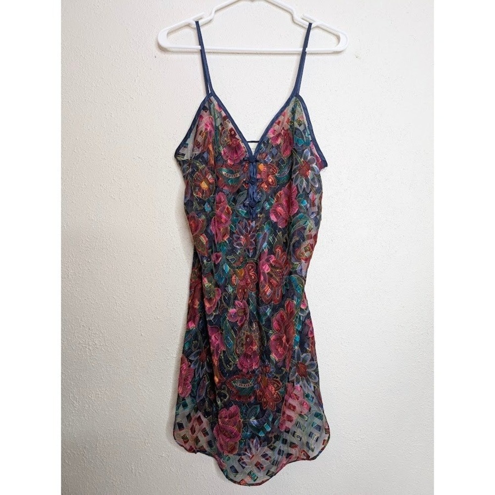 VTG Inner Most Womens Large‎ Sheer Slip Mini Dress Lingerie Floral Rainbow